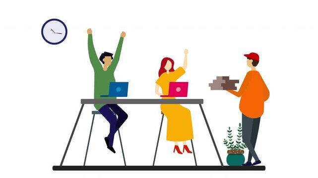 4K animation of the boy and girl work at table with laptops greeting happily to rourier man bringing food into office. Coffe break concept and employees activities.