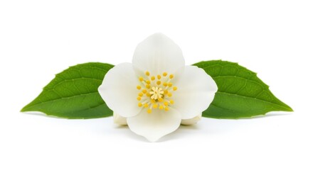 Obraz premium A close-up of a white flower with green leaves on a plain background