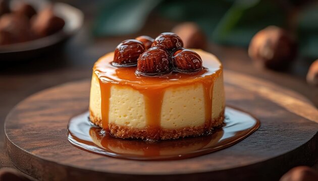 Mini creamy cheesecake with crumb crust topped with glossy caramel glaze and candied chestnuts on a wooden board, indulgent and tempting