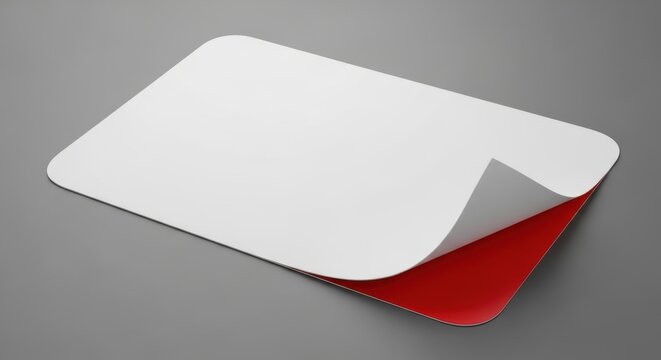 A red and white card with a peeled back corner on a gray background