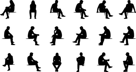 Naklejka premium Vector illustration, Outline silhouettes of people, Contour drawing, people silhouette, Icon Set Isolated , Silhouette of sitting people, Architectural set 