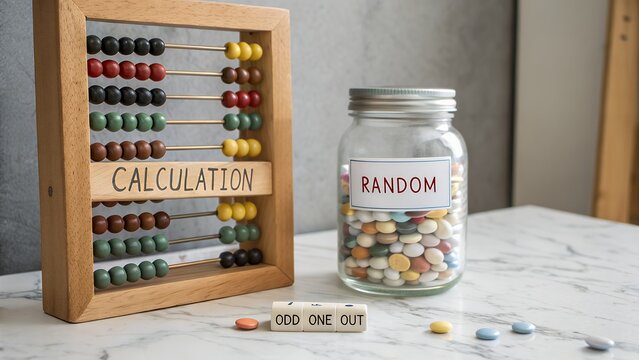 Abacus beside jar filled with colorful pills labeled random