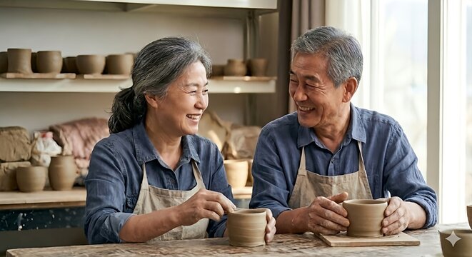 도자기를 만드는 노인 부부, 활기찬 노후 생활과 창조적인 여가 활동 Senior Couple Making Pottery, Active Aging and Creative Leisure Activity in Ceramic Studio