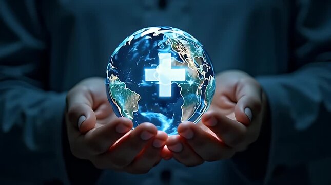 A human hand holding a glowing globe with a medical cross overlay, symbolizing global healthcare, unity, and world health awareness
