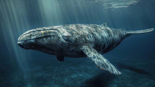 majestic whale gliding beneath sunlit ocean surface with rays piercing blue water, serene solitary presence and textured barnacled flipper