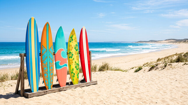 Planches de surf sur une plage ensoleill&eacute;e