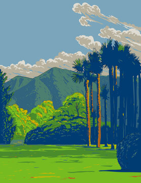 WPA style ukiyo-e or ukiyo illustration of Parco Ciani and Riva Giocondo Albertolli promenade with Monte Bre in Lugano, Switzerland done in retro works project administration style.