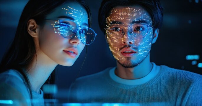 Two people illuminated by cool blue light, one wearing glasses and the other in a sweater, leaning close and focused while studying glowing digital displays and reflections