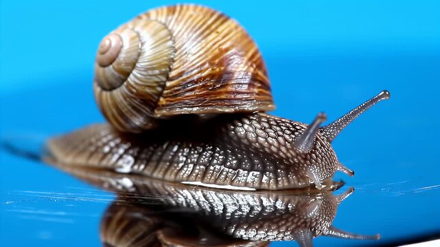 Snail Crawling on Reflective Surface - A macro shot of a snail with a spiral shell, slowly making its way across a shiny, metallic surface against a vibrant blue background.
