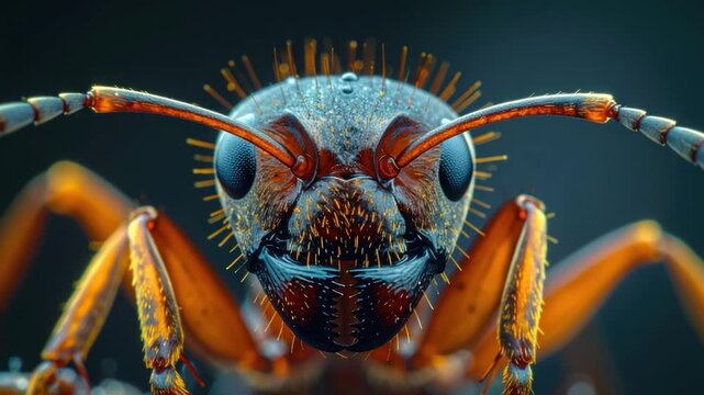 A macro close-up of an ant's head, revealing intricate detail, antennae, legs, and mandibles