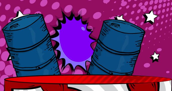 Comic Book Product podium stage animation for presentation with Oil Barrel. Retro comics background video.