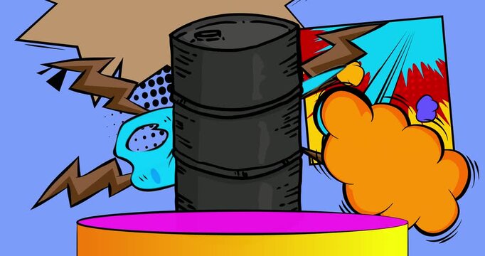 Comic Book Product podium stage animation for presentation with Oil Barrel. Retro comics background video.
