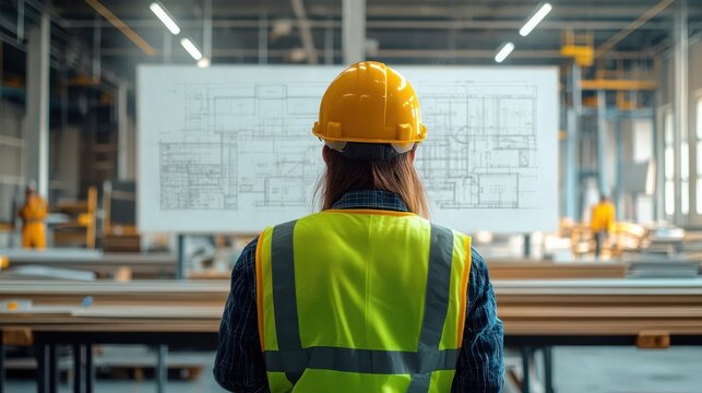 Worker in yellow hard hat and fluorescent vest studies large blueprint in busy factory workshop, surrounded by stacked materials and blurred colleagues, focused and thoughtful