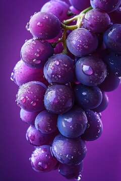 Close-up of a dewy purple grape cluster with water droplets, glossy skin and vibrant fresh juicy appeal