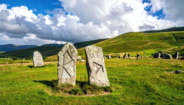 Ancient Norse runestones with weathered inscriptions standing in a grassy field under a cloudy sky