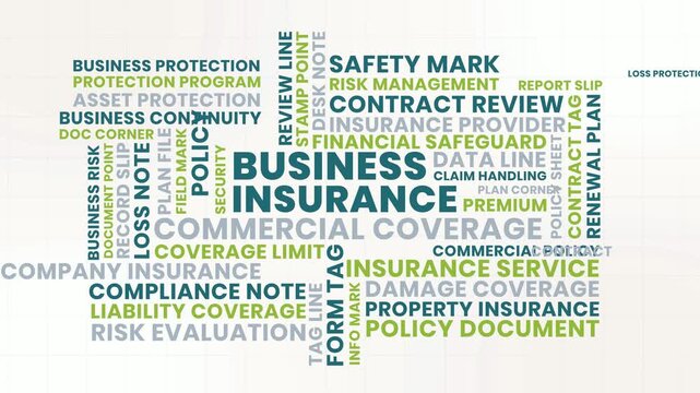 Clean Modern Business Insurance Word Cloud Animation Shameless Loop. Business Insurance Kinetic Typography Commercial Coverage Theme