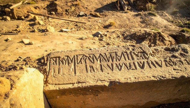 Ancient Stone Lintel Fragment Featuring Deeply Carved Ugaritic Cuneiform Script from Archaeological Excavation