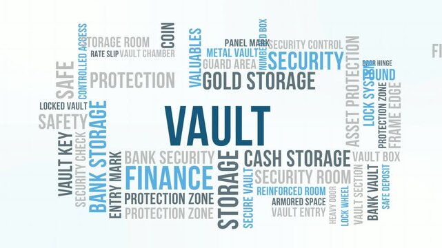 Minimal Clean Vault Word Cloud Animation Shameless Loop. Vault Kinetic Typography Soft Blue Security Finance Theme