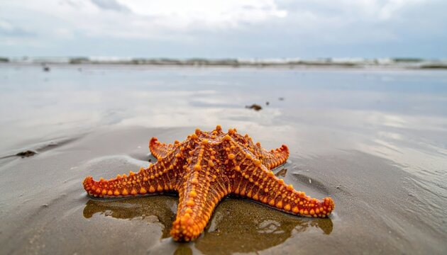 An orange starfish with intricate patterns rests on a wet sandy shore with reflections of the cloudy sky.
