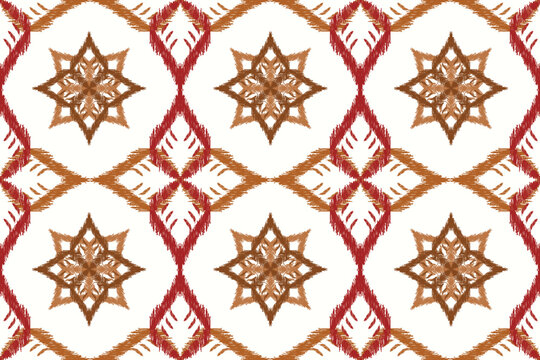 Ikat seamless pattern with floral and leaf motifs in warm red and brown tones inspired by traditional woven textile design. Ideal for fabric, upholstery, wallpaper, and rug in modern interior decor.
