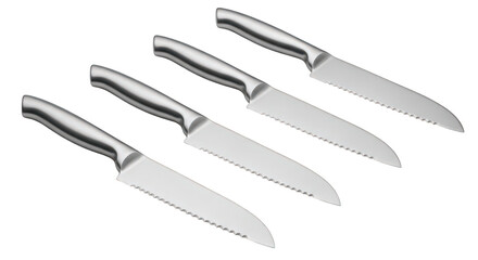 Obraz premium Four stainless steel chef's knives with black handles isolated on transparent background