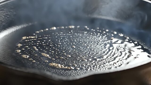 Closeup of oil being brushed onto a hot cast iron skillet.