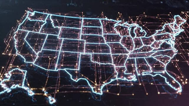 Abstract United States Network Map - A generative AI design shows a telecommunication or data network map of the United States, with blue outlines of states and connections between nodes.