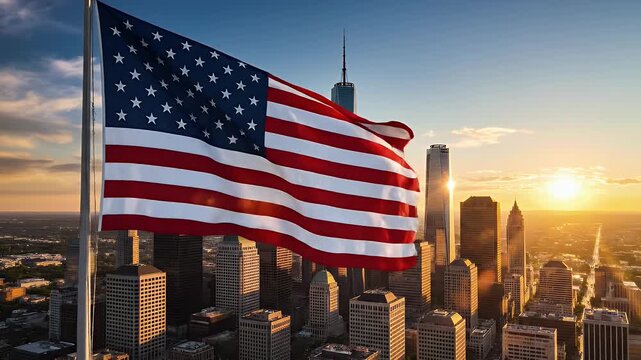 American Flag Waving Over City Skyline at Sunrise - This video showcases the American flag waving proudly against the backdrop of a major city skyline during a golden sunrise.