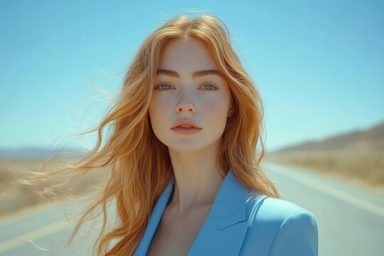person with windswept red hair and blurred face wearing a light blue blazer standing on an empty desert road under a clear sky, calm contemplative mood