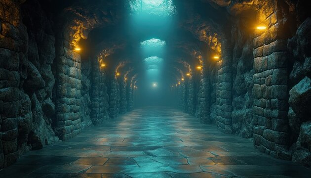 Misty vaulted stone corridor with glowing amber wall lights and teal reflections on wet flagstone floor, evoking eerie tranquil mystery