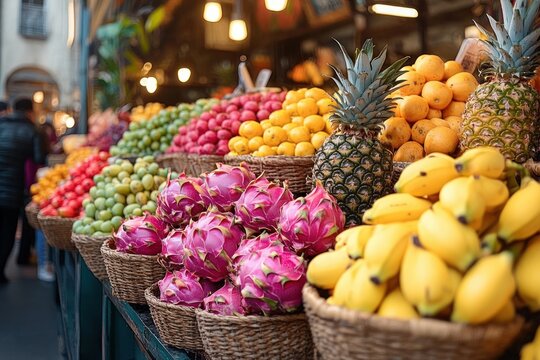 Vibrant market stall overflowing with colorful tropical fruits in wicker baskets, including dragon fruit, bananas, pineapples, oranges and grapes, with warm lights and an inviting atmosphere