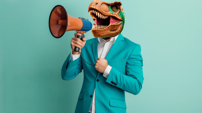 A man wearing a dinosaur mask and a green suit, holding a megaphone