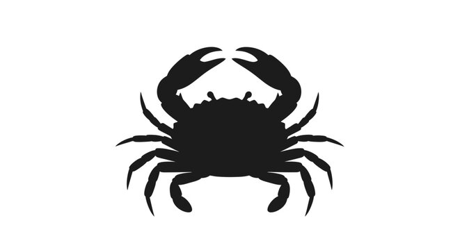 Minimalist crab icon in black silhouette showing top view of crustacean with pincers and legs.