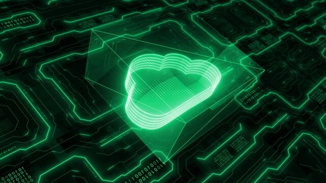white color 3d glowing cloud storage data animated logo motherboard data transfer digital document hi tech futuristic design black technology 3D background 