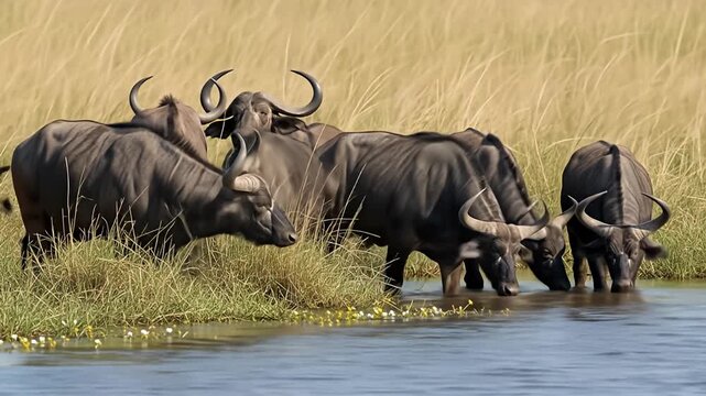 A herd of large, gray buffalo are drinking water in a grassy, wetland environment