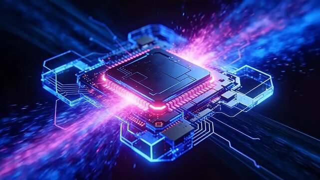 Electronic microchip with glowing neon circuits on dark background