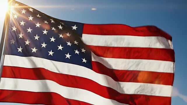 U.S. Flag Waving Against Blue Sky - The United States flag is shown majestically waving in the wind, set against a clear blue sky.