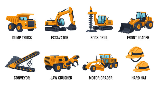A collection of heavy construction equipment in vibrant yellow and black, including a dump truck, excavator, rock drill, front loader, conveyor, jaw crusher, motor grader, and