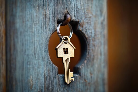 house-shaped key on a metal ring hanging from a rusty hook inside a worn wooden keyhole with warm glowing background, evoking cozy welcome and security