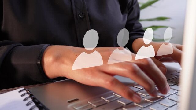 Close-up view of an executive typing on her laptop with an animated row of avatars, one of which stands out. This indicates the correct personnel selection.
