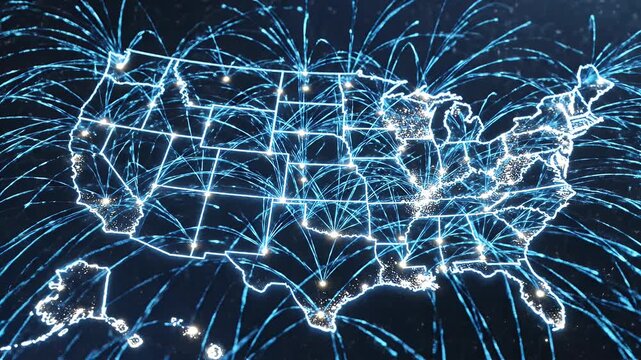 United States Network Connection Illustration - This is an illustration of the United States map with interconnected network connections and city lights displayed against a dark blue background.