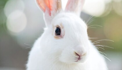 Obraz premium Close-up Portrait of a Fluffy White Rabbit with Soft Bokeh Background.
