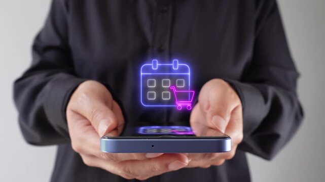Shopping and consumption planner. A woman holding a mobile phone with a virtual calendar icon and shopping cart.