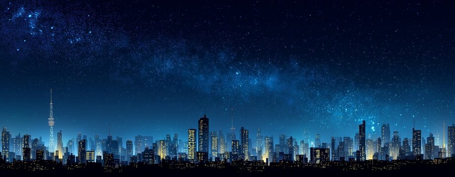 Celestial Skyline: A breathtaking panoramic view of a modern cityscape unfolds beneath a vast, starry expanse, the city lights harmonizing with the cosmic glow.