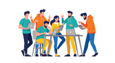 Obraz premium Group of young people collaborating using laptops and tablets in a modern office