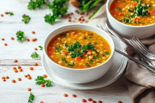 Cozy homemade red lentil soup in two white bowls garnished with fresh parsley, served with spoons on a rustic white wooden table with scattered lentils and herbs