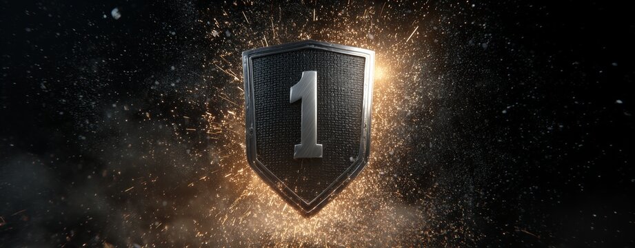 First Place Emblem: A striking emblem symbolizing achievement and victory, set against a dynamic background of abstract sparks, a symbol of excellence and triumph.