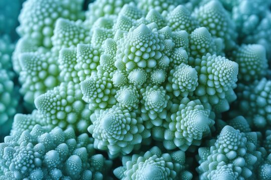 Close-up of green fractal vegetable florets with repeating spiral pattern and intricate bumpy texture, evoking wonder