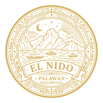 Vintage gold El Nido Palawan Philippines travel emblem with mountains and boats vector illustration