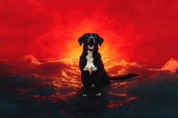 Obraz premium black dog with white chest sitting on ocean waves under a fiery red sky, dramatic and heroic mood